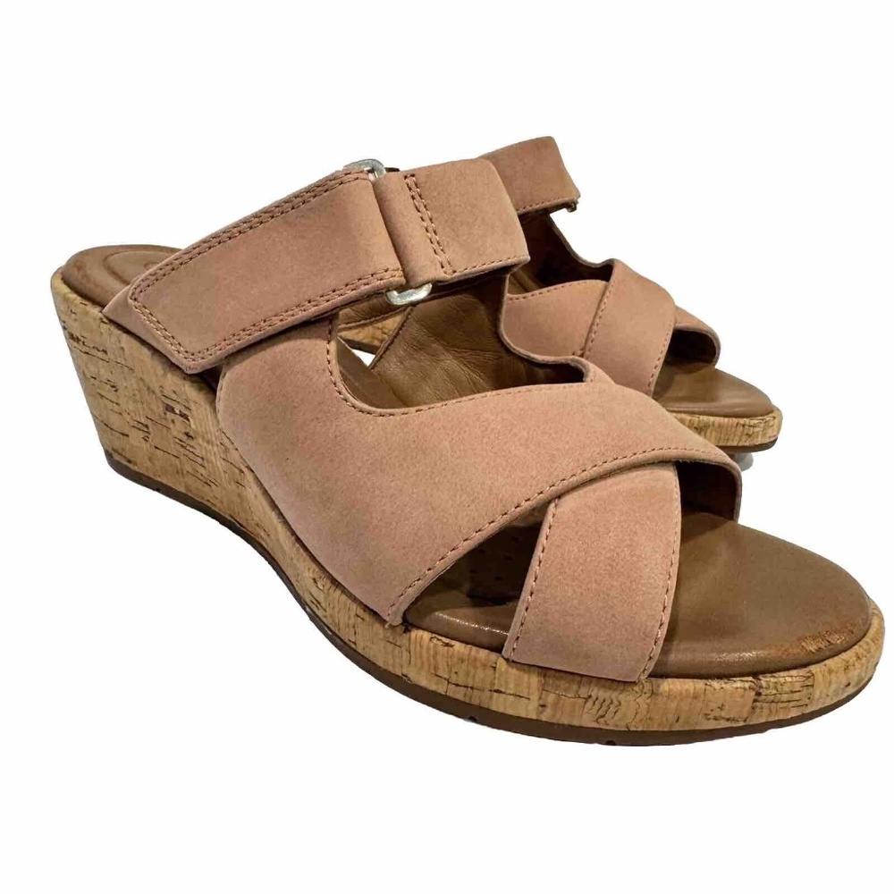 CLARKS Women's Wedge Sandals Pink Leather Cork Heels Open Toe Comfy Shoe Size 7
